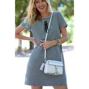 CAbi Women's Captain Dress in Navy Blue White Striped Lace Up Short Sleeve